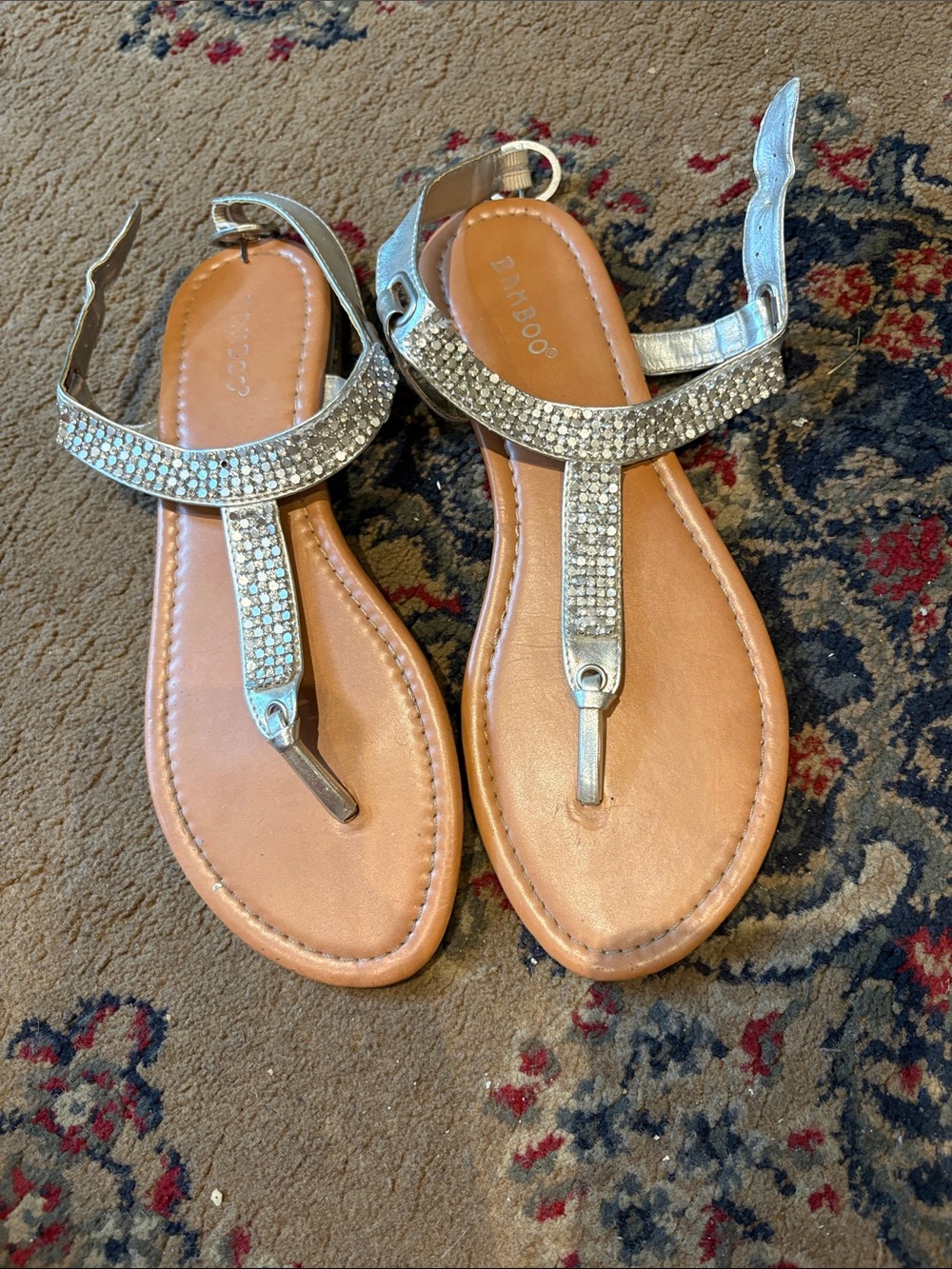 BAMBOO Silver Rhinestone T‑Strap Sandals